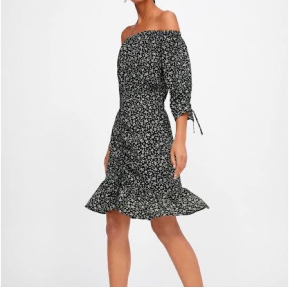 Off-Shoulder Black Floral Ruffle Dress